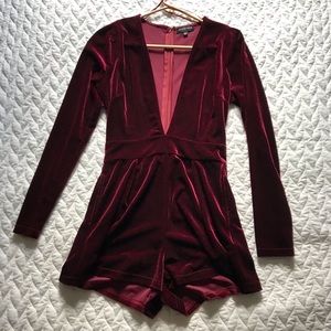 Sexy Deep-V Burgundy Velvet Fashion Nova Romper